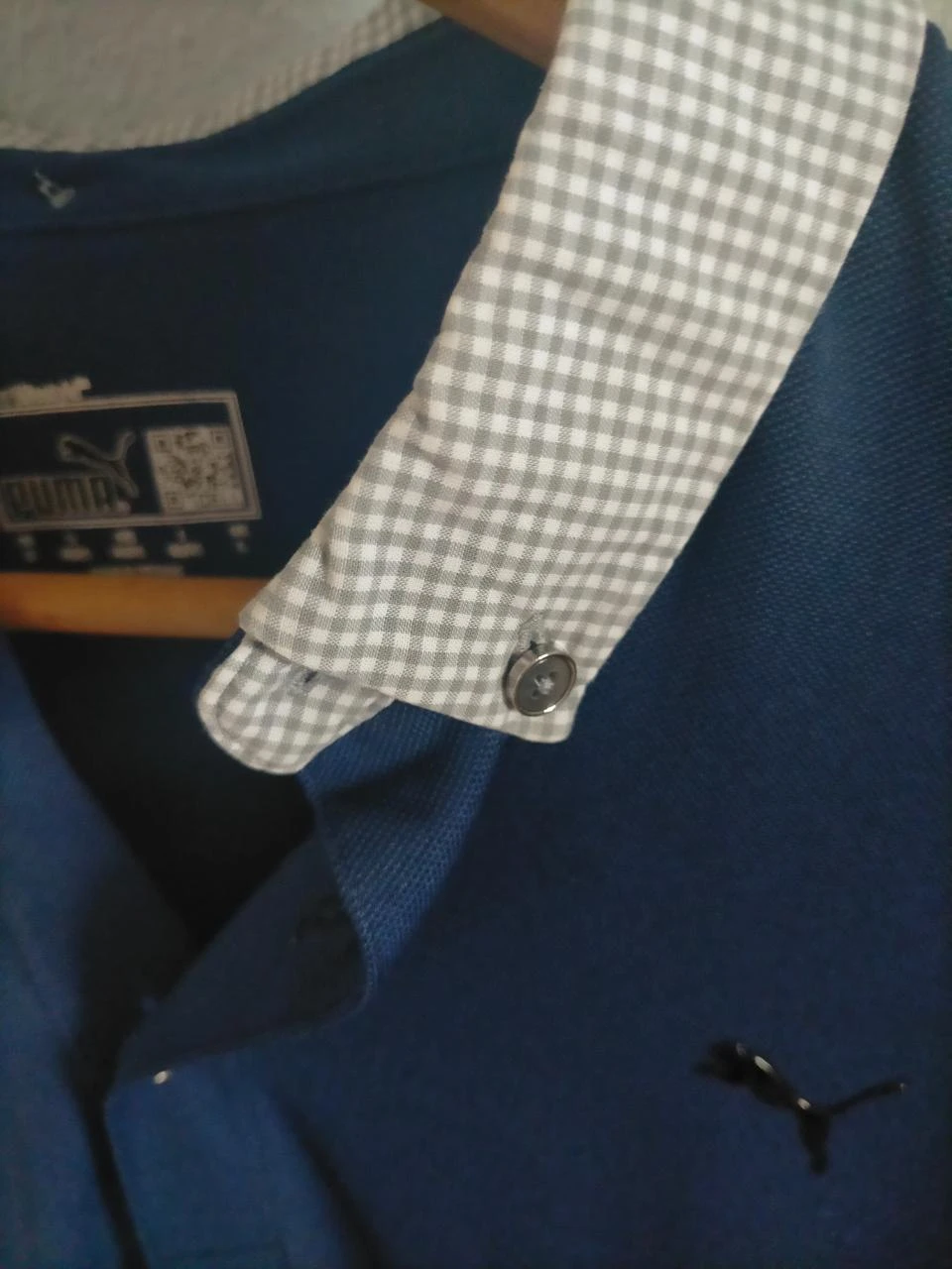 Puma Sports LifeStyle Men's Polo Shirt Navy Blue Gingham Collar Luxury Size L – photo 8